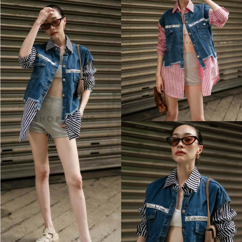พร้อมส่ง เสื้อเชิ้ตลายริ้ว แต่งยีนส์หน้า งานป้าย vshopbrand