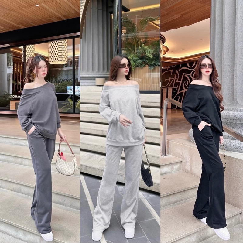 🖤NEW SET🖤 เซ็ต 2 ชิ้น เสื้อปาดไหล่+กางเกงขาม้าเบาๆ