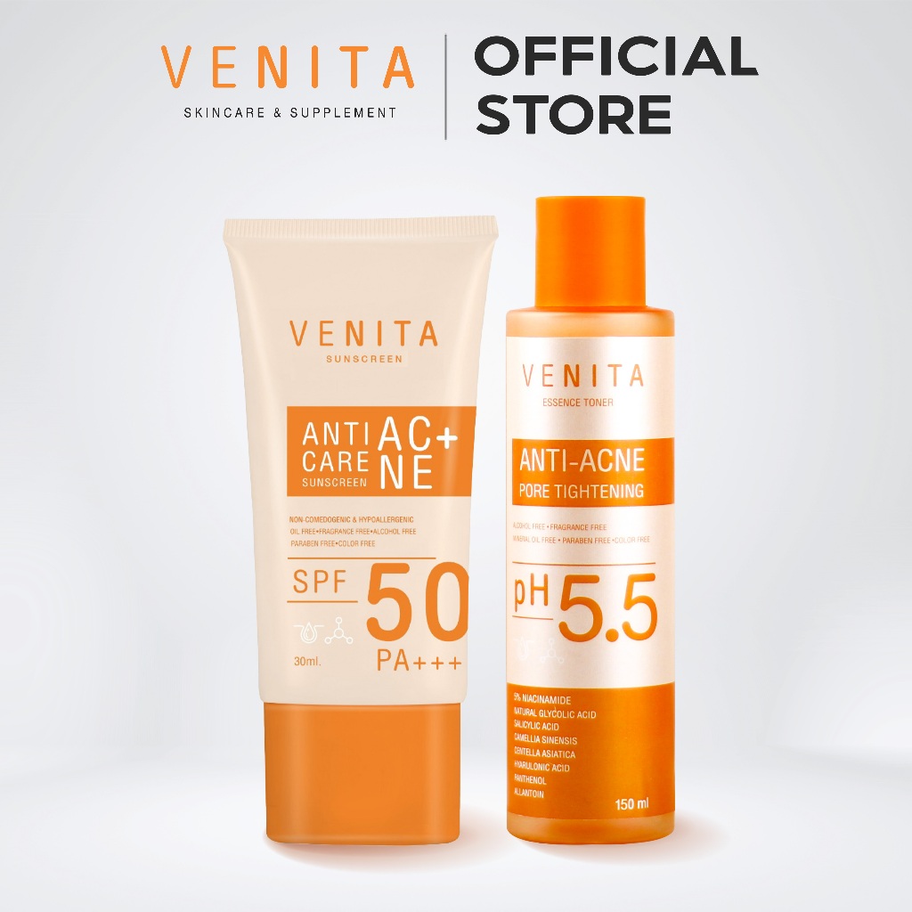 [เซตคู่] ครีมกันแดดเวนิต้า VENITA + VENITA ANTI-ACNE PORE TIGHTENING ESSENCE TONER 150 ML