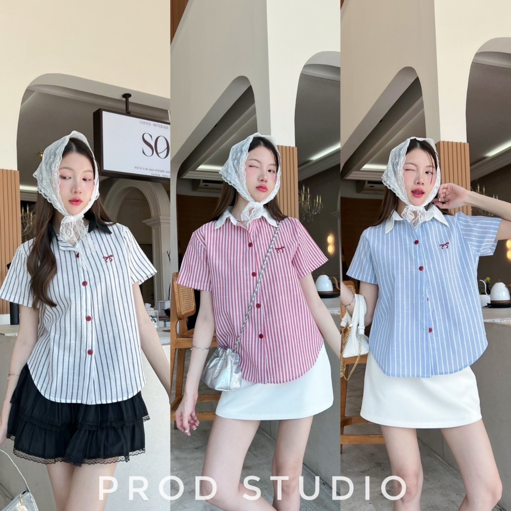 เสื้อคอปกแขนสั้น ผ้าคอตตอนลายริ้วผู้หญิง ตัวยาว ใส่เที่ยวคาเฟ่ (ป้าย PROD.)