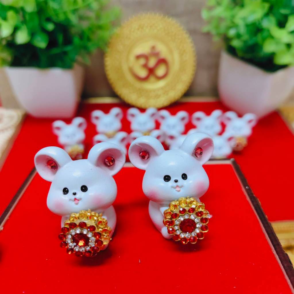 MT-MS3A-1 มุสิกะมั่งคั่ง  คู่ทองเพชรแดง สูง 3.5 cm องค์คู่ฟ้า เพชรแดง สูง2.5 cm มุสิกะ ขอพร แก้บน ถวายพระพิฆเนศ