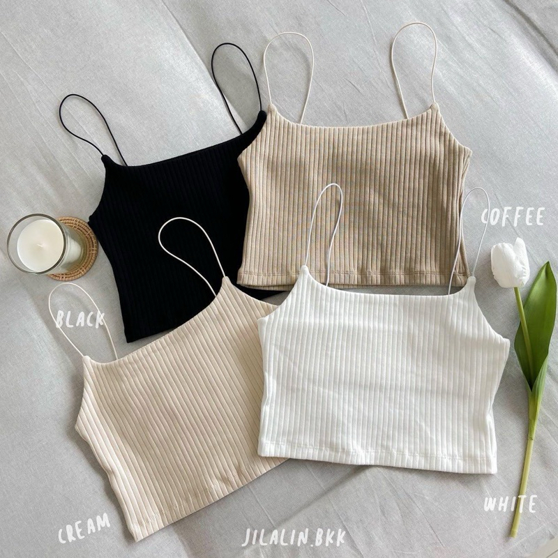 Jilalin.bkk Lalin top เสื้อสายเดี่ยวแต่งสายสปาเก็ตตี้ สีพื้น ผ้าร่องใหญ่