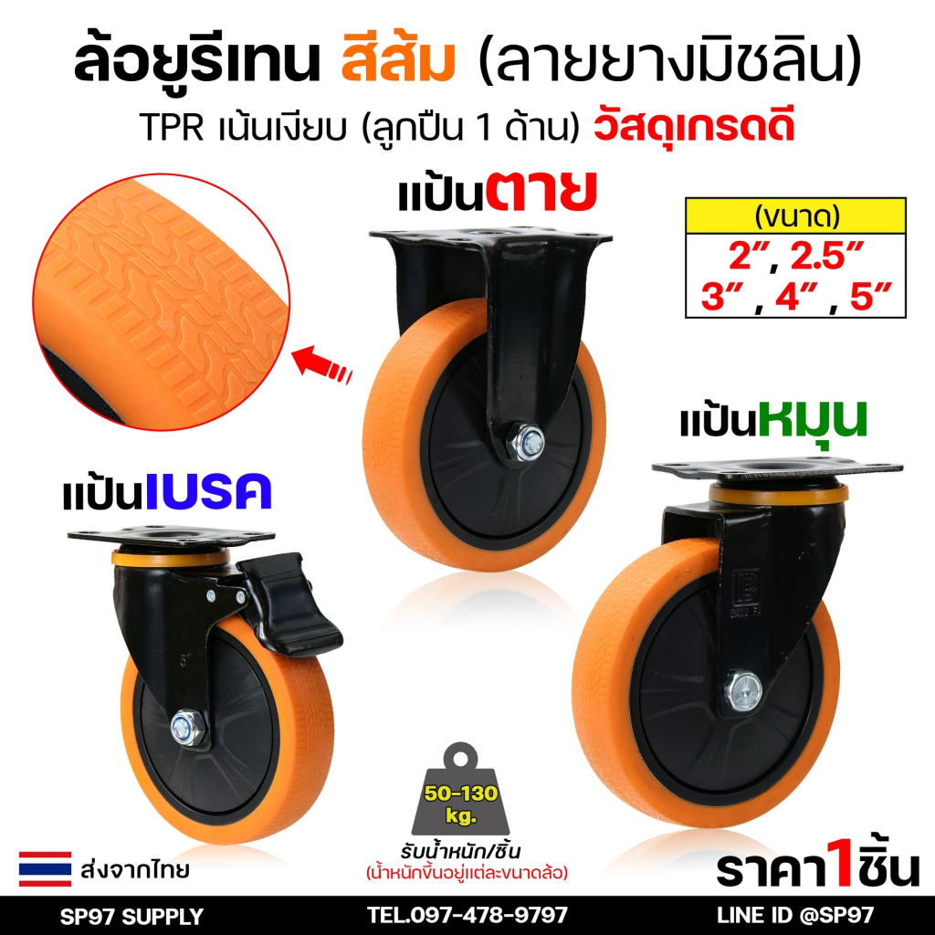 ล้อโพลี ยูรีเทน ล้อยูรีเทน สีส้มดำ (ลายยางมิชลิน) เน้นเสียงเงียบ เบา แบบมีฝาปิดข้างล้อ แป้นตาย แป้นหมุน แป้นเบรค ราคา ถูกที่สุด ดีลบีเคเค รูปภาพหลัก