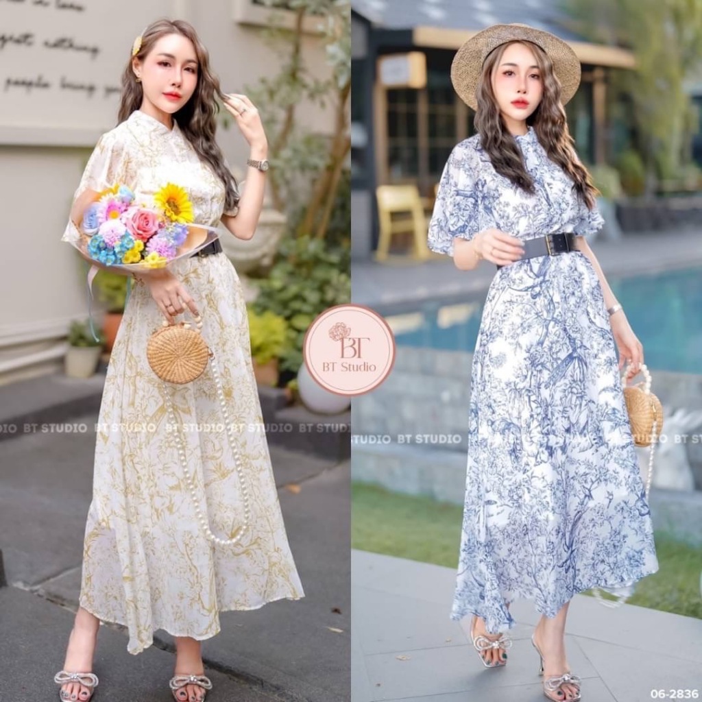 BT 06-2836 เซท 2 ชิ้น เดรสคลุมเข่าแขนสั้นแต่งแขนระบายพริ้ว ๆ เนื้อผ้าชีฟองพิมพ์ลายพริ้ว ๆ
