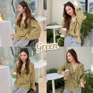IRENE BLOUSE เสื้อแขนยาวคอระบายแพทเทิร์นน่ารัก ทรงคอวี ผ้าฝ้ายผสมอัดยับย่น ใส่เที่ยว ใส่ทำงาน เนื้อผ้าบางเบาใส่สบาย
