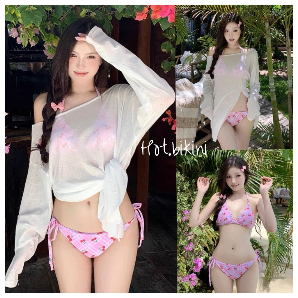 Hot.bikini🍒ส่งไวจากไทย🍒cherry bikini ชุดว่ายน้ำแฟชั่น ทูพีช เสื้อซีทรู สไตล์เซ็กซี่ เว้าหลัง ผ้าแห้งไว เที่ยวทะเล