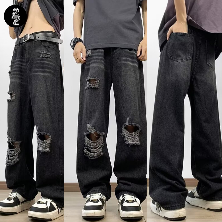 KR1408 "Black ripped Jeans" กางเกงยีนส์ทรงกระบอกแต่งขาดดีเทลแน่นไม่มีไม่ได้แล้ว