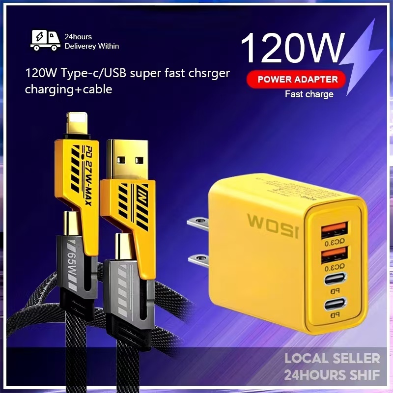 120W ชุดชาร์จเร็ว สายชาร์จ PD ชาร์จเร็วสุด QC 2PD + 2USB ( พอร์ต) หัวชาร์จ สําหรับ iP 15 14 13 12 TYPE-C