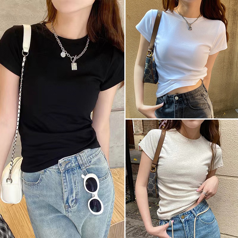 เสื้อยืดผู้หญิง/แขนสั้นรอบคอ🌈เสื้อยืดฝ้ายสีดำ สลิมฟิต กาหลี สีพื้น ผ้านิ่มสวมใส่สบาย มี 6สี 4ขนาดให้เลือก