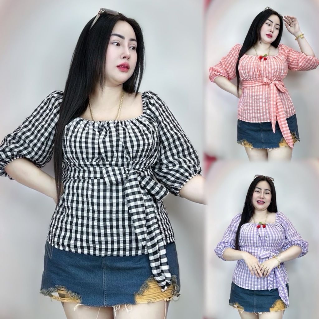 เสื้อสาวอวบ เสื้อคนอ้วน36-44 ยืดสุด 46 ยาว 23 ผ้าไหมอิตตาลี่ ทรงไฮโซผูกเอวแขน4ส่วนผ้าไหม
