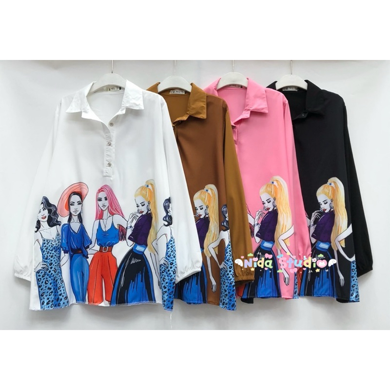 เสื้อเชิ้ตคอปกแขนยาว ปลายแขนจั้มพ์ ผ้าไหมอิตาลีพิมพ์ลายด้านหน้า คอโปโล ไซส์ใหญ่