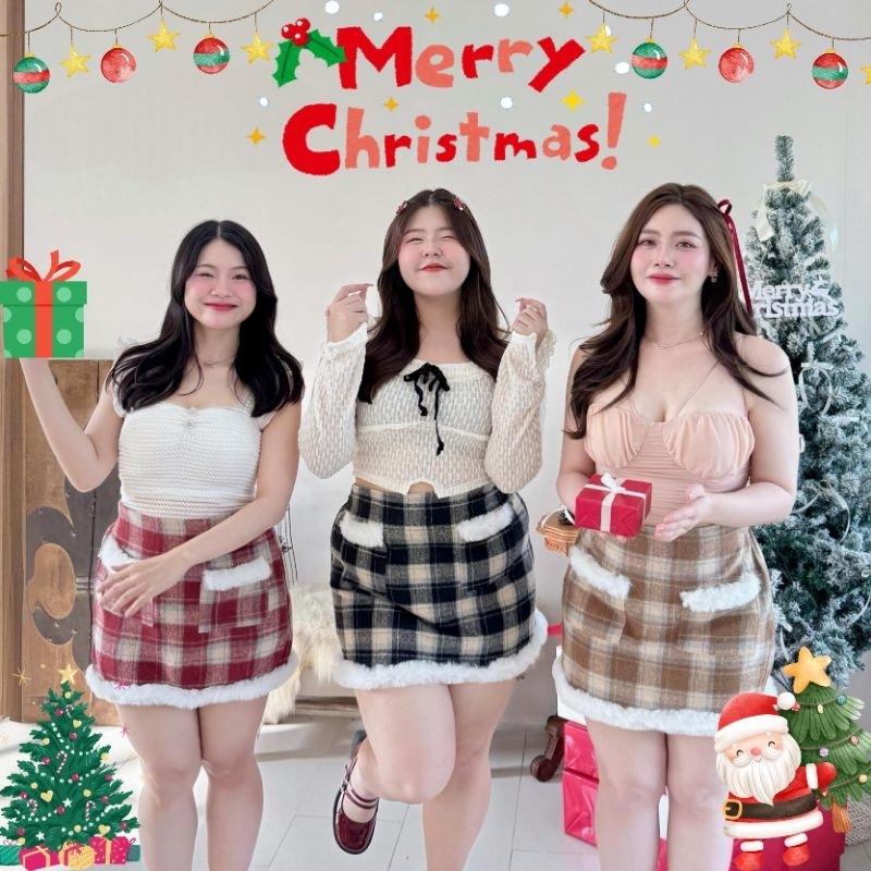 MG0059 กระโปรงสั้นไซส์ใหญ่ เอว 32-42 นิ้ว คริสมาสต์ ลายสก็อต แต่งขนนิ่มๆ Christmas สาวอวบ