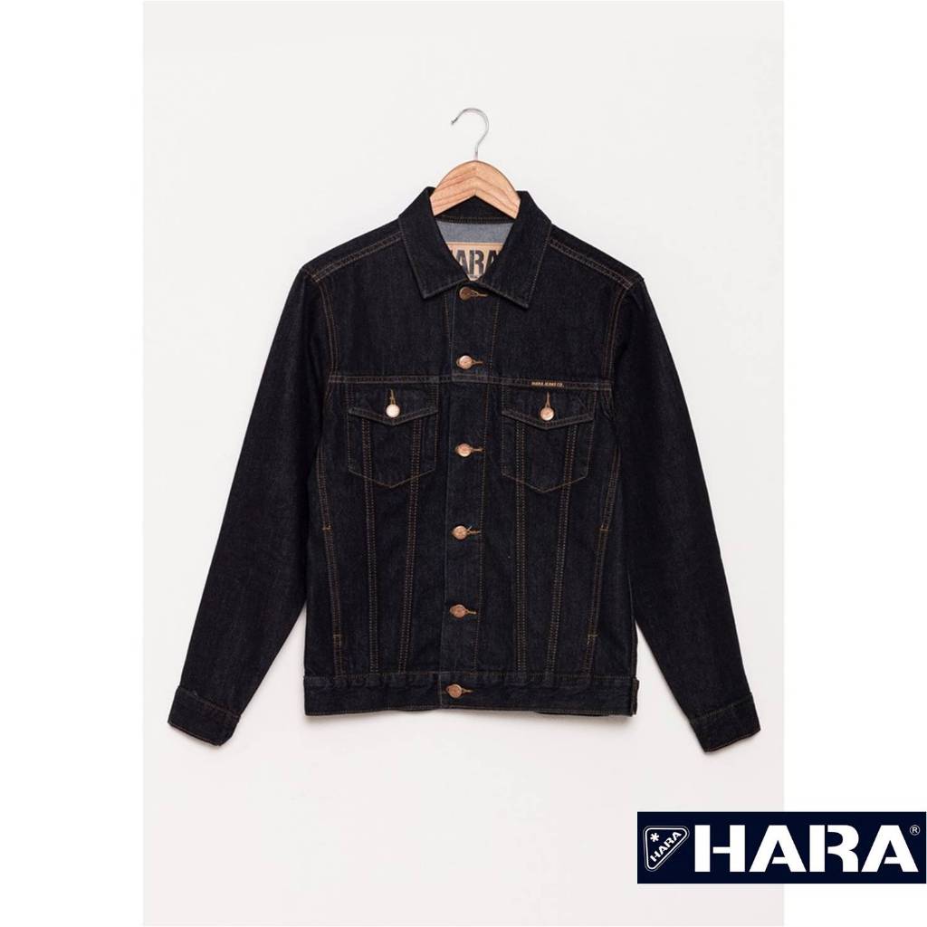 [รุ่นขายดี] Hara ฮาร่า แจ็กเกตยีนส์ แจ็คเก็ตผู้ชาย Jacket สีดำ ปักด้ายทอง ทรงคลาสสิค เนื้อผ้าดี แบรนด์แท้ รุ่น HMJL-9002