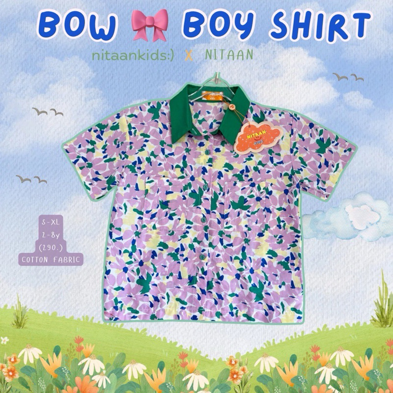 NITAANKIDS:) เสื้อเชิ้ตเด็กลาย BOW FAM ใส่ได้ทั้งหญิงชาย ผ้าคอตตอนแท้ ใส่สบายไม่ร้อนค่า ทรงสวย