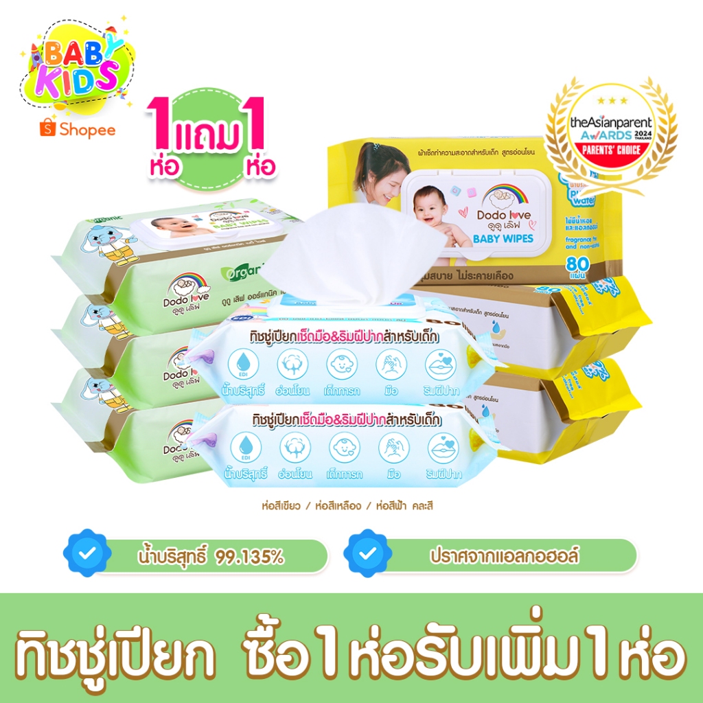 [1แถม1] Babykids  Baby Wipes ผ้าเช็ดทำความสะอาดสำหรับเด็ก ออร์แกนิค ห่อใหญ่ 80 แผ่น ทิชชู่เปียก