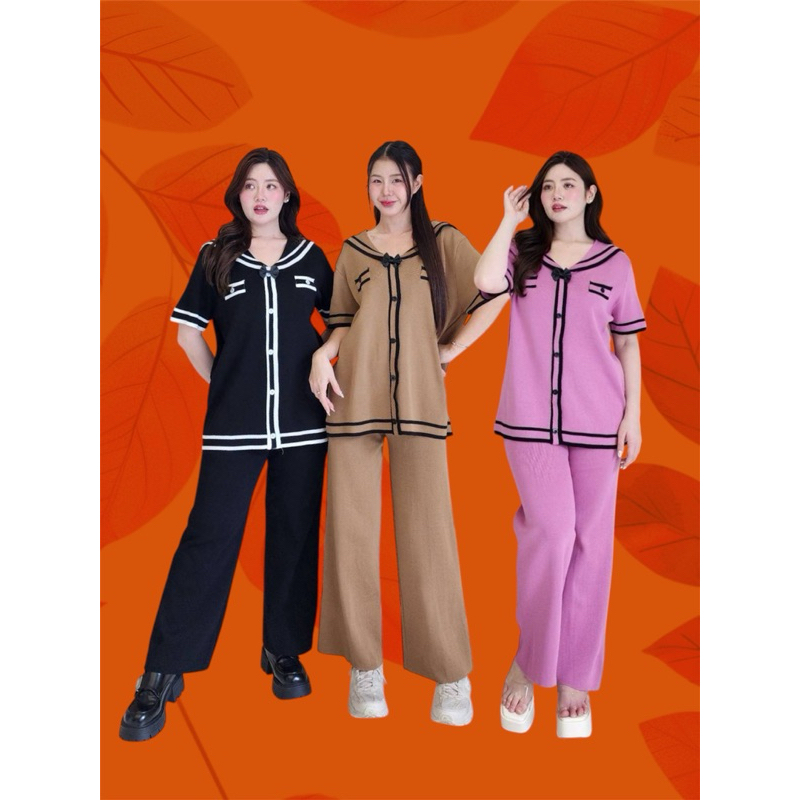 ชุดเซ็ตไหมพรมสไตล์โคเรีย ป้าย Popup fashion เสื้อคอปกเกาหลี กระดุมแต่ง/โบว์เข็มกลัด กระเป๋าแต่ง
