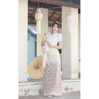 TANTANOD -รหัสTL6 ชุดเซต เสื้อไขว้ผูกข้าง กระโปรงยาวลายพญานาค(ผ้าฝ้าย) รุ่นPrakaydaw