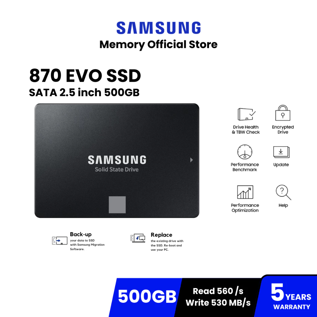 SAMSUNG 870 EVO SSD SATA 2.5" 560 / 530 MB/s ความจุ 500GB : 5Y (870 EVO / MZ-77E500BW)