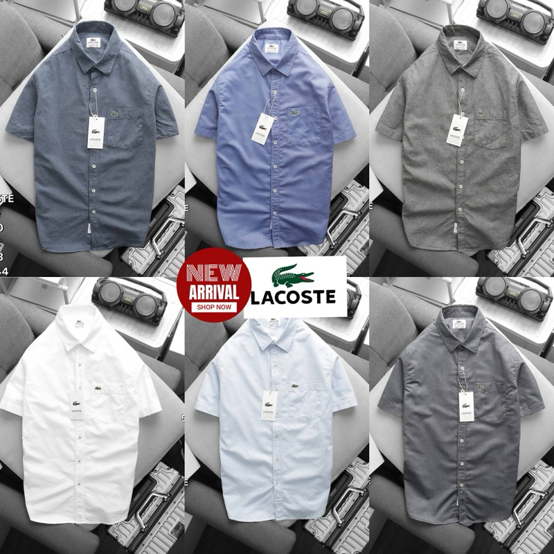 เสื้อเชิ้ตแขนสั้น Lacoste เสื้อเชิ้ตแขนสั้นผู้ชายสีพื้นเรียบๆ