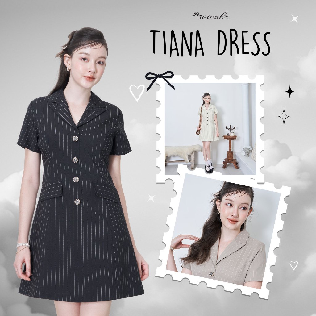 「 Wirah_Brand 」Tiana Dress : ชุดเดรสผ้าทอลายริ้วปกเทเลอร์สูท แขนสั้น แต่งกระดุมด้านหน้า ทรงกระโปรงเอ