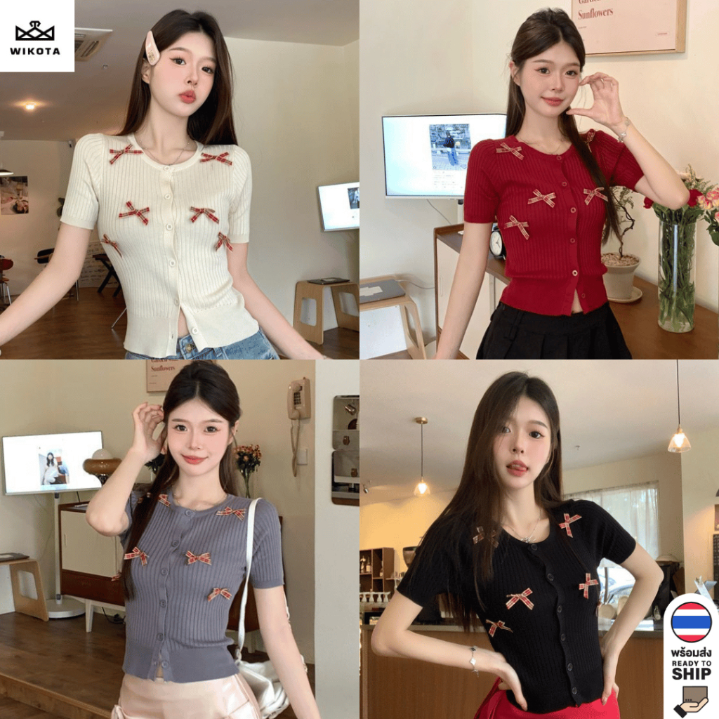 [W0253] เสื้อยืดแขนสั้นไหมพรมผ้าร่อง ติดโบว์ 3Dลายสก็อต กระดุมหน้า ผ้านิ่มใส่สบาย แมทช์ง่าย งานจริงน่ารักมาก สไตล์เกาหลี