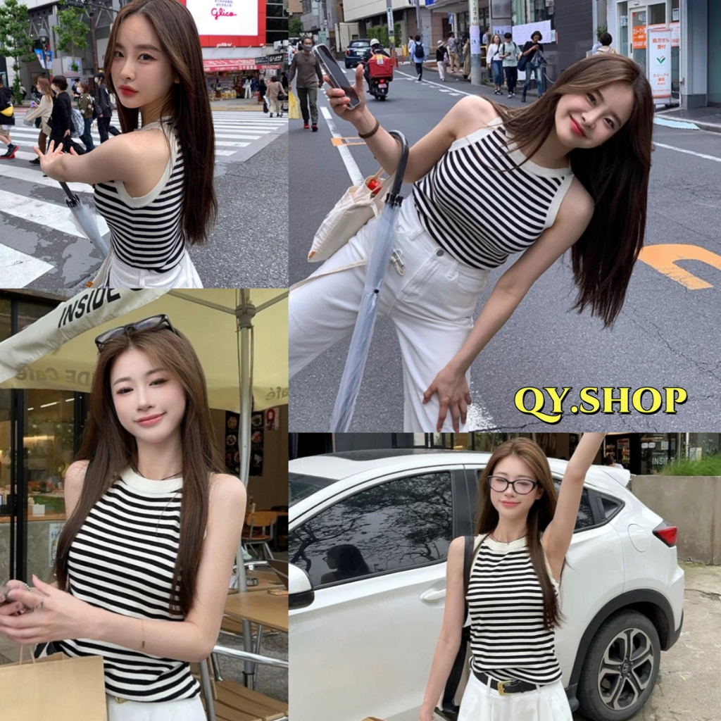 QY.Shop เสื้อแขนกุด เสื้อผ้าผู้หญิง ผ้ายืดไหมพรม คอกลม ลายทาง แบบใหม่ พร้อมส่ง "83106" -C