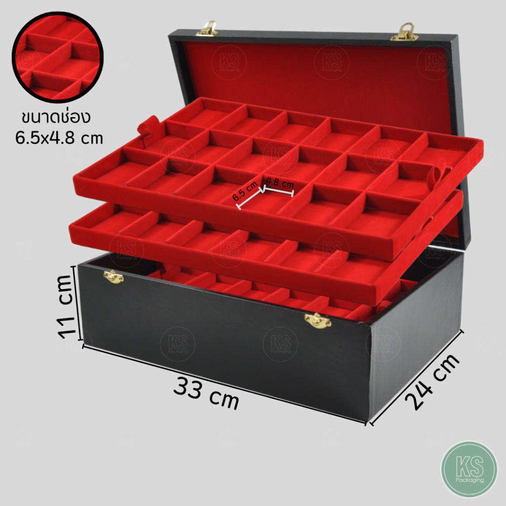 กล่องหนังใส่พระ พร้อมถาดด้านในเป้นสีแดง 3 ถาด แบบช่องใหญ่ สามารถเอาไม้กั้นออกได้