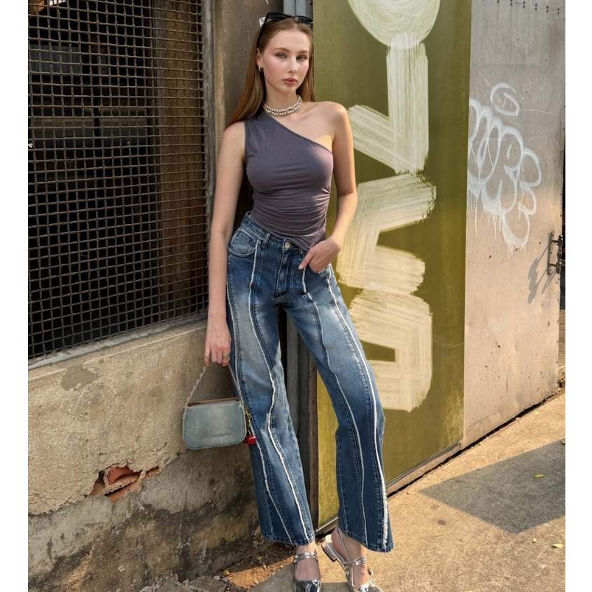 MOTTOM - MAEVE High Rise Frayed Double Stitched Creases Denim
