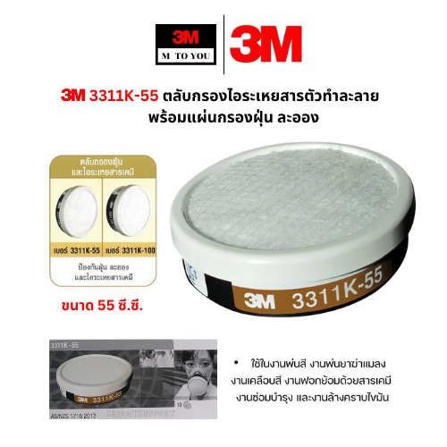 3M 3311K-55 , 3311K-55 ตลับกรองไอระเหยสารตัวทำละลาย ขนาด 55 และ 100 ซี.ซี. พร้อมแผ่นกรองฝุ่น ละออง