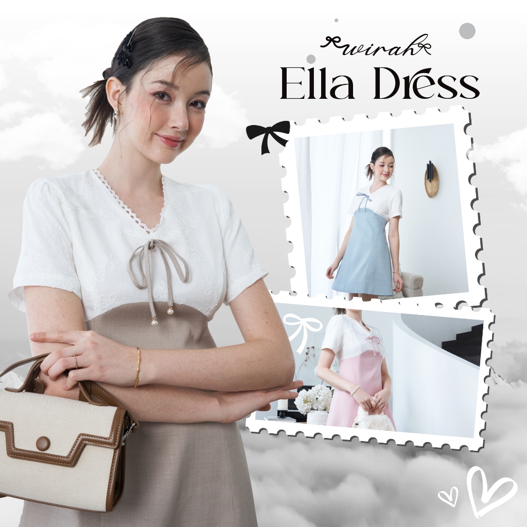 「 Wirah_Brand 」Ella Dress : WD08 ชุดเดรสเสื้อผ้าลูกไม้ เสื้อคอวีแต่งลูกไม้ ด้านหน้าแต่งโบว์ผูก