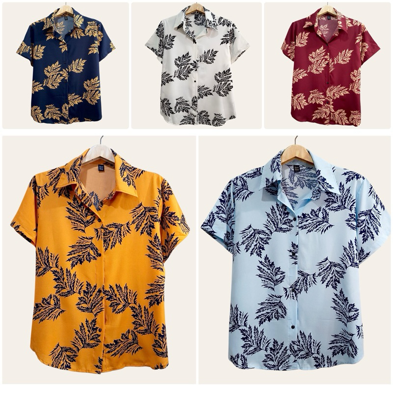 (อก 44”) เสื้อเชิ้ต เเขนสั้น ผ่าหน้า ลายใบใหญ่ ผ้าไหมอิตาลี ไม่ต้องรีด