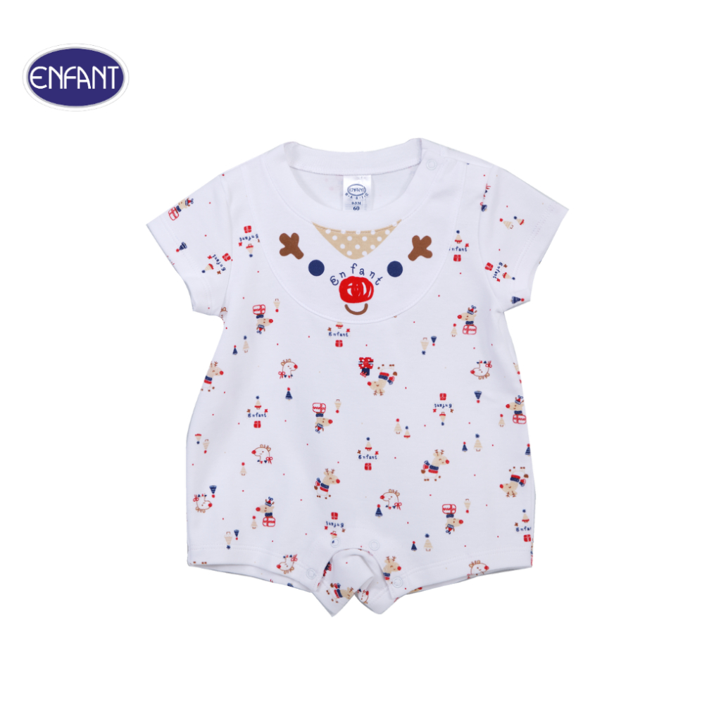 ENFANT (อองฟองต์) ชุดหมีแขนสั้น สำหรับเด็ก 3-6 เดือน คอลเล็กชั่น เรนเดียร์ ผ้าคอตตอน 100% สีขาว