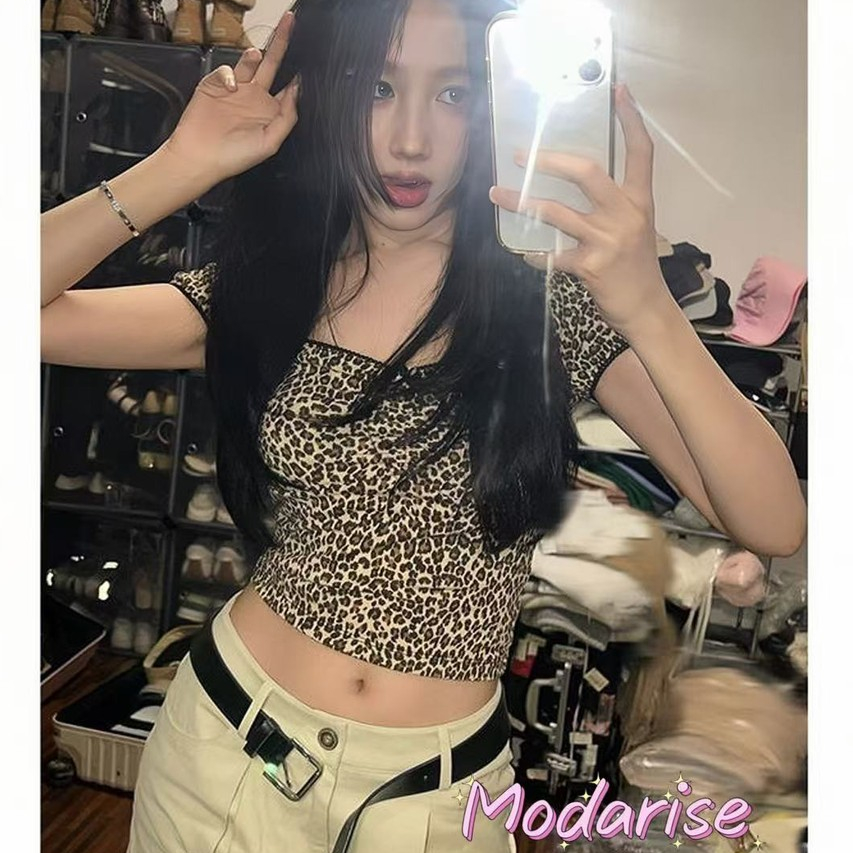 Modarise เสื้อยืดแขนสั้นพิมพ์ลายเสือดาวเซ็กซี่สุดเซ็กซี่คอเหลี่ยมทรงเข้ารูปแฟชั่นใหม่สำหรับผู้หญิง