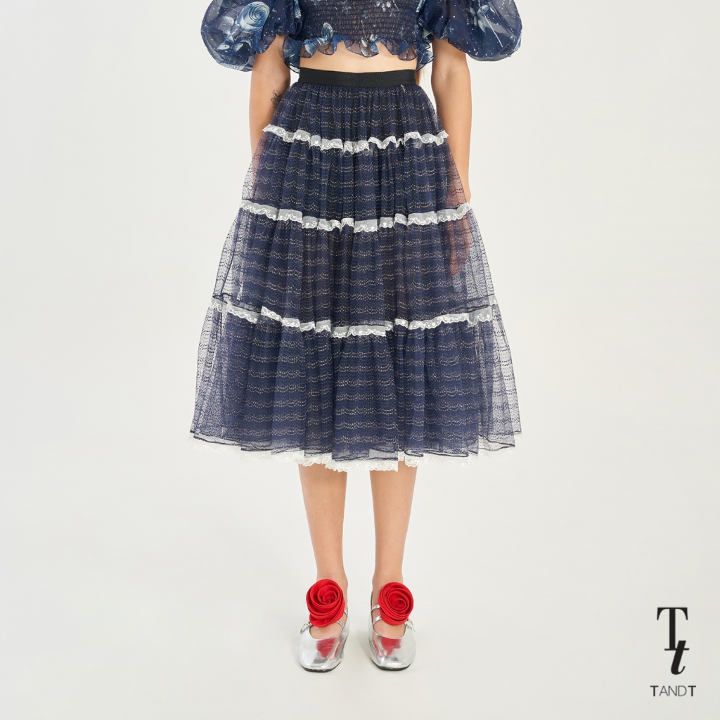 TandT - GIRL CRUSH NAVY SKIRT - LACE TRIMMED TIERED MIDI TULLE SKIRT