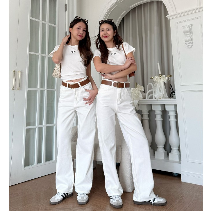 Y3.CLASSIC JEANS กางเกงยีนส์ขากระบอกสีขาว เอวสูง