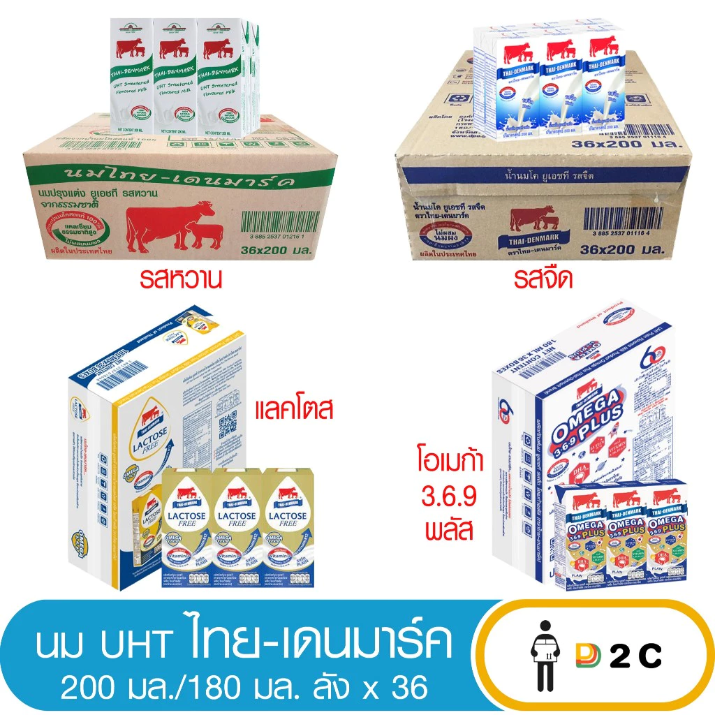 [ยกลังx36] นมUHT ไทยเดนมาร์ค,แลคโตส ฟรี 200 มล Lactose / โอเมก้า 180 มล