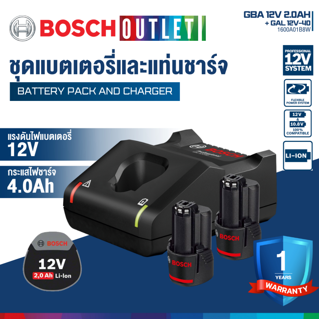 BOSCH STARTER KIT  ชุดแบตเตอรี่ + แท่นชาร์จ 12V. (แบต 12V. 2.0Ah. x 2 ก้อน | 1 แท่นชาร์จ GAL12V-40)