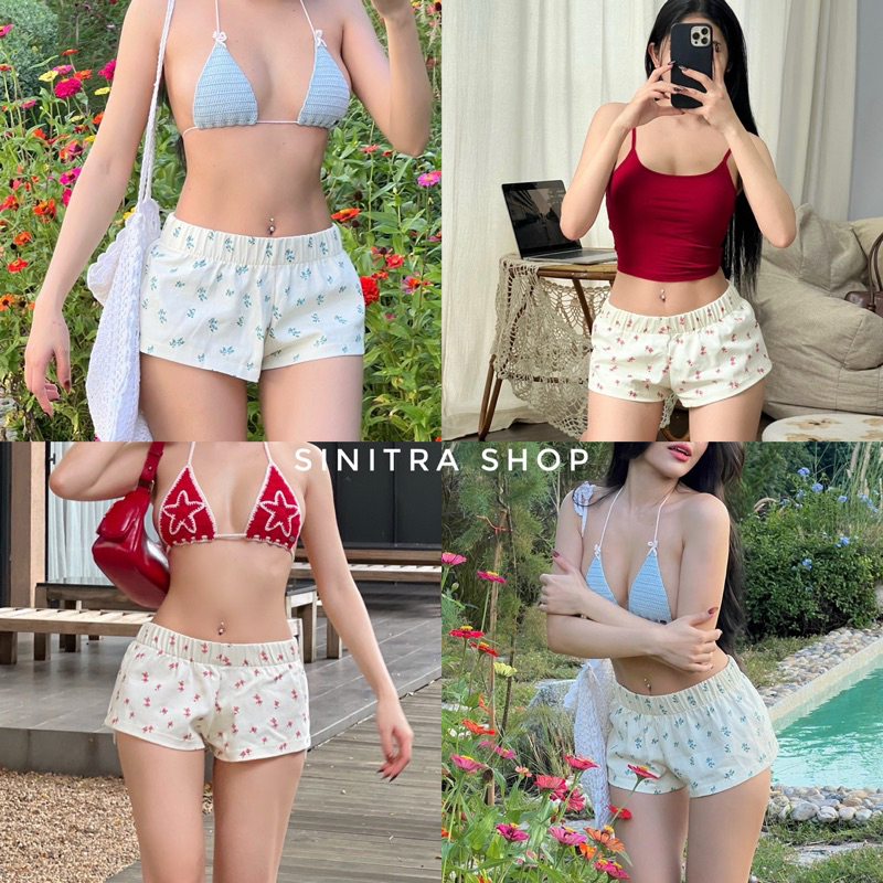 Nutty Shorts กางเกงขาสั้นลายดอกไม้ พร้อมส่ง ชมพู ฟ้า Sinitra Shop
