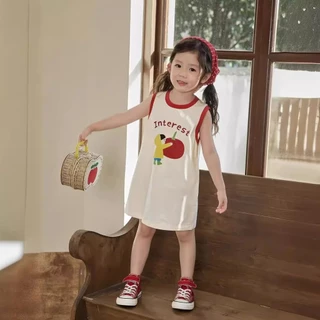 Babyonline(Y423)E6 (ส่งด่วน1วัน)ชุดกระโปรงเสื้อแขนกุดลายการ์ตูน ชุดกระโปรงสายเดี่ยวพิมพ์ลายสก๊อต ผ้าฝ้าย นิ่ม ระบายอากาศ