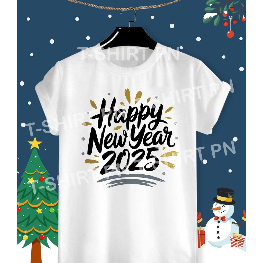 เสื้อวันปีใหม่ เสื้อปีใหม่ เสื้อยืดวันปีใหม่ "Happy New Year 2025 ตัวอักษร2" เนื้อผ้า TK บางเบา สวมใส่สบาย ไม่หดไม่ย้วย