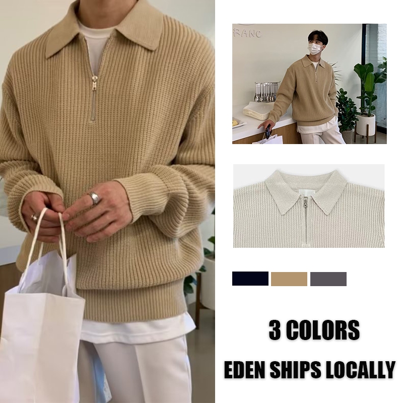พร้อมส่ง COD ผู้ชาย POLO เกาหลีหลวมลําลองถักซิปครึ่งคอแขนยาว POLO