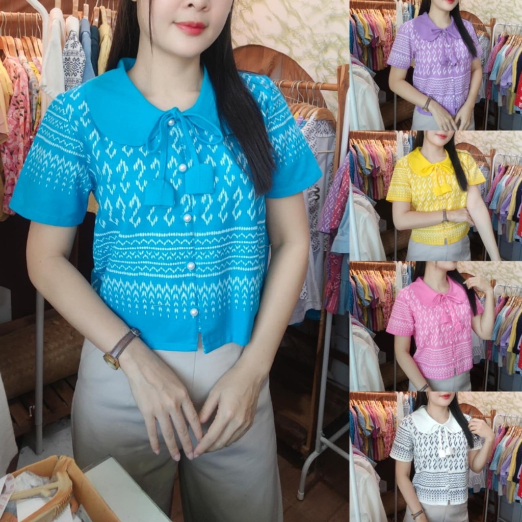 เสื้อพื้นเมือง คอบัวลายขอแขนสั้น ผูกเชือก