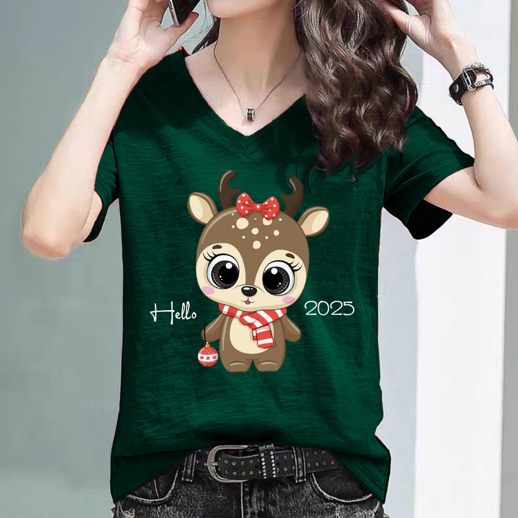 M-6XL เสื้อลายคริสต์มาส เสื้อยืด แขนสั้น สีเขียว Merry Christmas for men women Cotton100% C429
