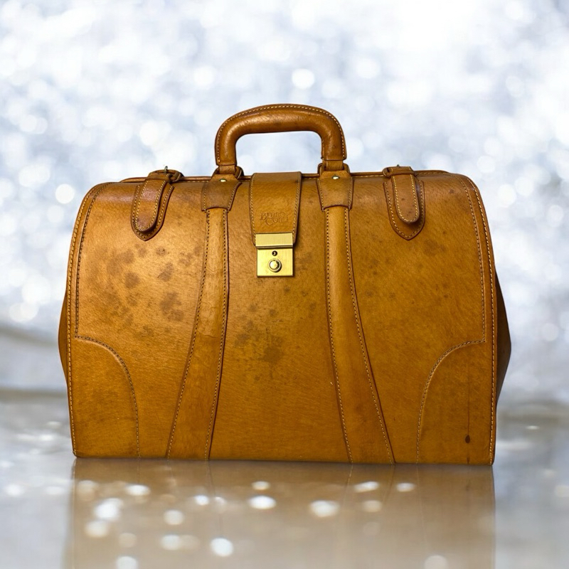 Vtg BRUNO CONTI Smart Brown Leather Gold Colour Hardware Doctor's Bag Travel to​กระ​เป๋าเดินทาง