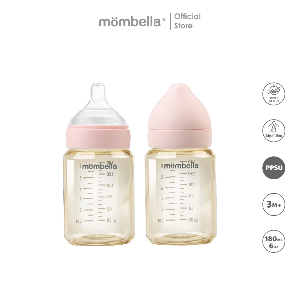 Mombella ขวดนม Classic PPSU พร้อมจุกนมป้องกันโคลิก เหมาะสำหรับทารกอายุ 3-6 เดือน ขนาด 6 ออนซ์ (180 มล.)