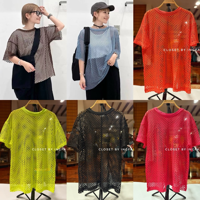 เสื้อตาข่าย คอกลม ซีทรู ใส่ไปทะเล สีพื้น สีสะท้อนแสง อก46