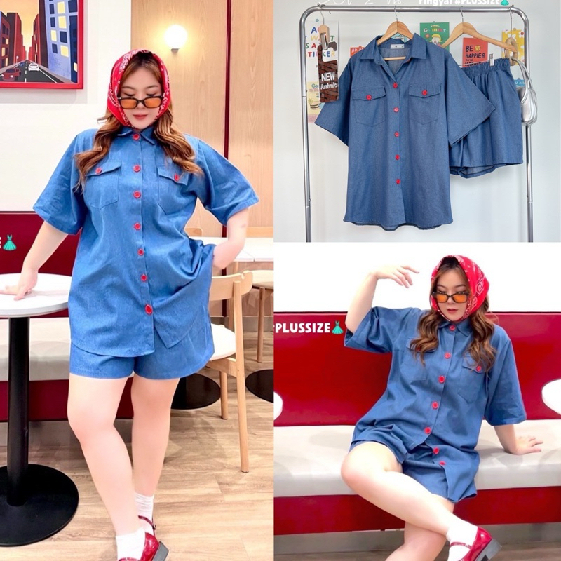 /YY/ ชุดเซ็ตสาวอวบ เสื้อเชิ้ตแต่งกระเป๋า กระดุมแดง +กางเกงยีนส์ขาสั้น #เสื้อผ้าไซส์ใหฯ่ สาวอวบอ้วน พลัสไซส์