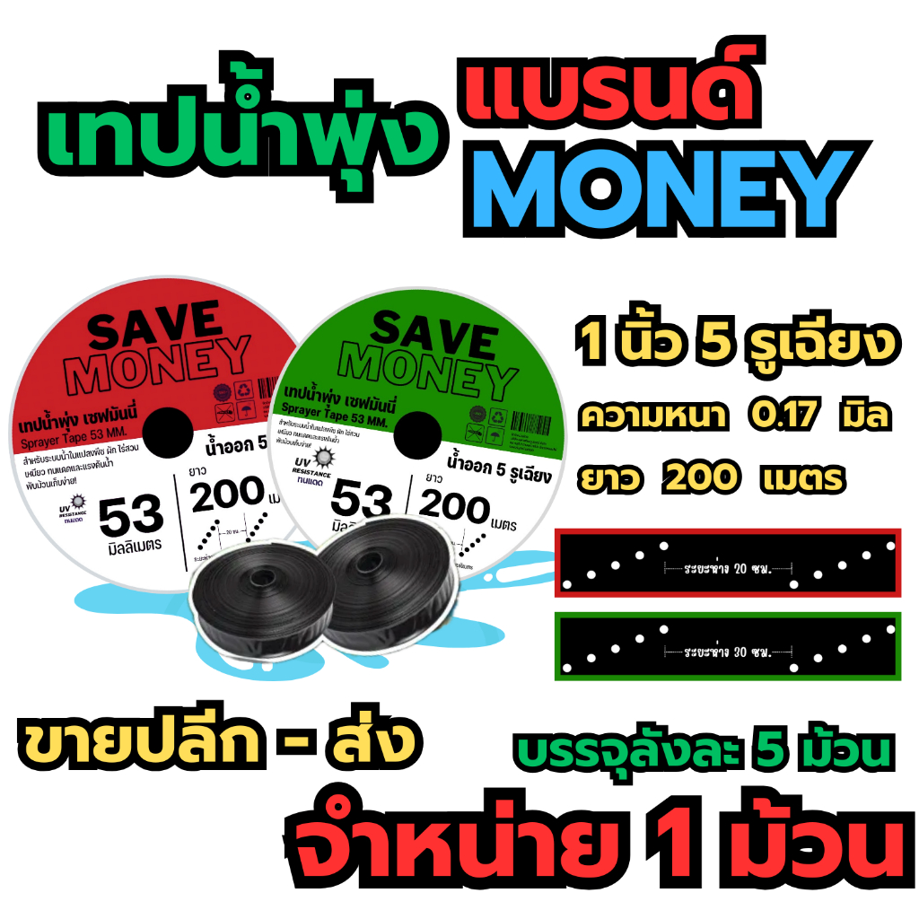 เทปน้ำพุ่ง สายน้ำพุ่ง SAVE MONNEY 1นิ้ว 5รู ยาว200เมตร
