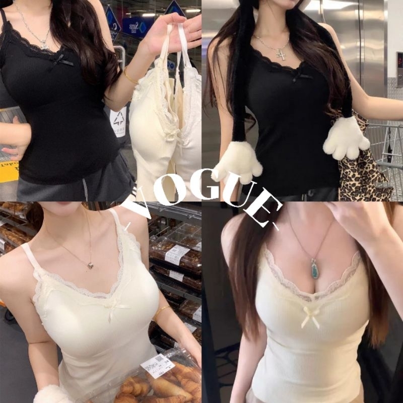 Vogue พร้อมส่ง สายเดี่ย วเซ็กซี่ สายเดี่ยว เบาะ สีทึบ มีโบว์ที่หน้าอก (FY1092)