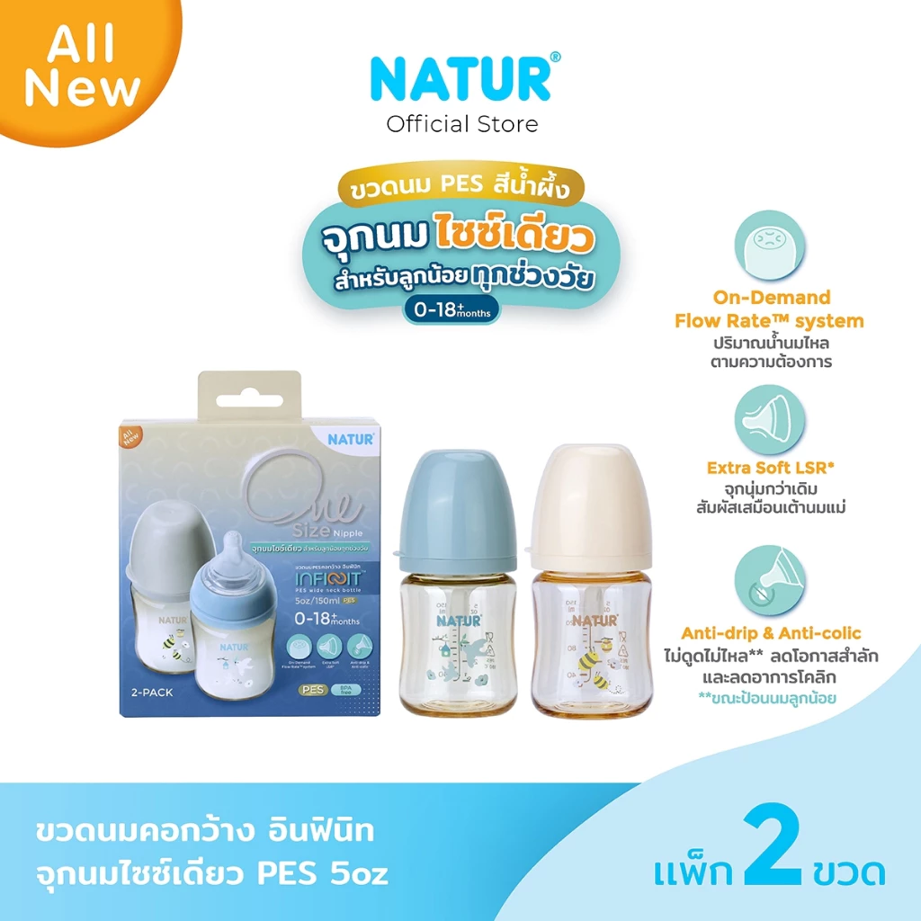 [NEW] NATUR เนเจอร์ INFINIT ขวดนมอินฟินิท ขวดนมเด็ก ขวดนม PES 5oz แพ็ก 2 พิมพ์ลาย